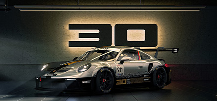 Porsche 911 GT3 Cup con grafica del 30° anniversario sullo sfondo